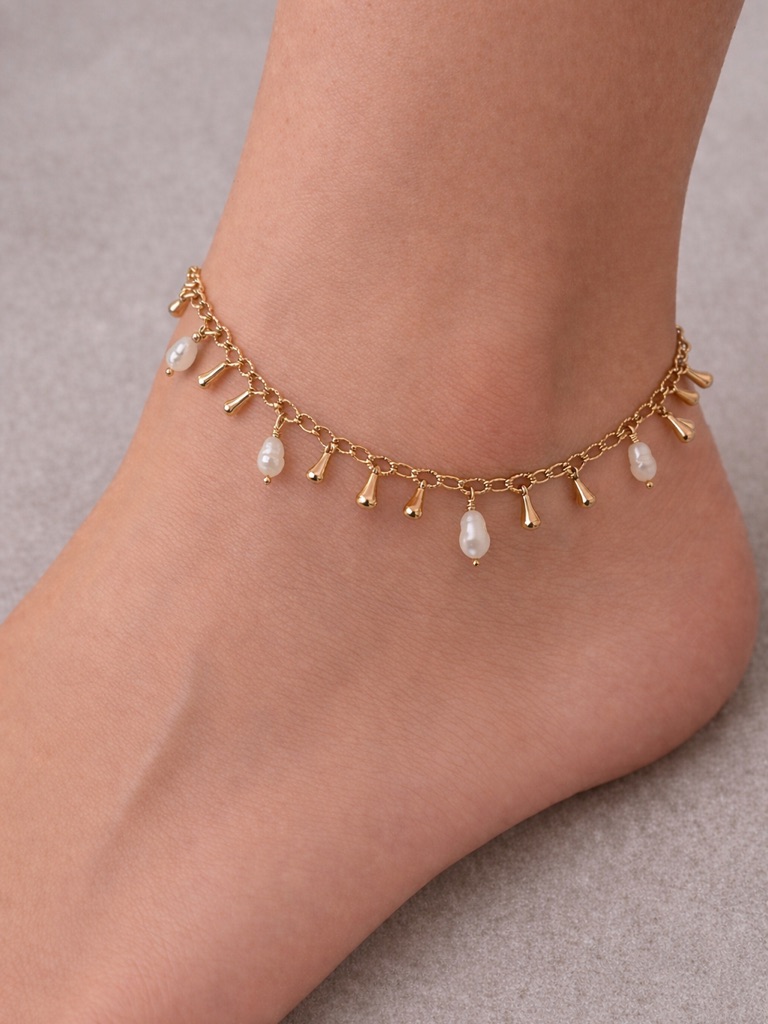 Luna Norte Chain Anklet W Gold Plated Brass Charms And Fresh Water Pearls